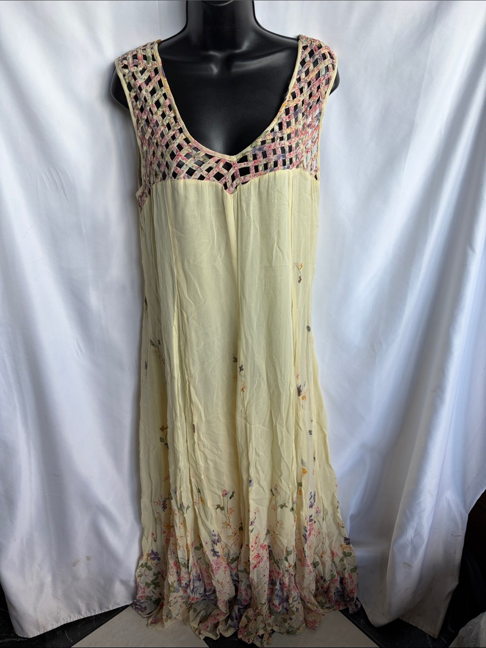 Floral Lattice Yolk Neck Criss Cross Back Vintage Butter Maxi Dress, Fairycore
